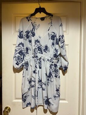 City Chic White Dress with Navy Botanical Print and V-Neck